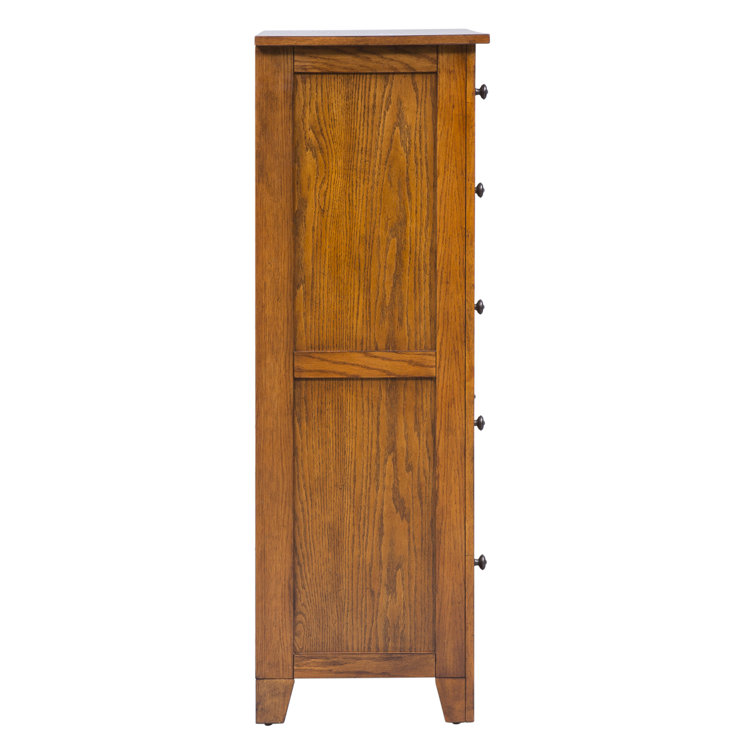 Aged Oak Traditional 5-Drawer Chest with Brass Knobs