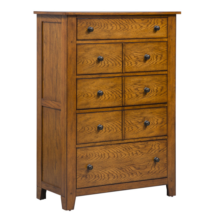 Aged Oak Traditional 5-Drawer Chest with Brass Knobs