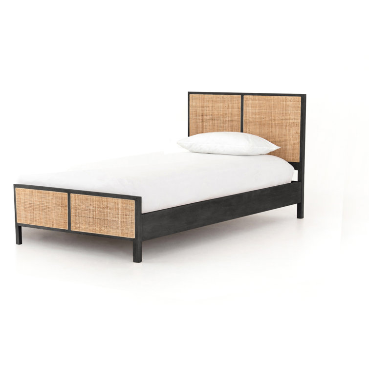 Twin Black-Brown Mango Wood & Cane Panel Bed with Slats