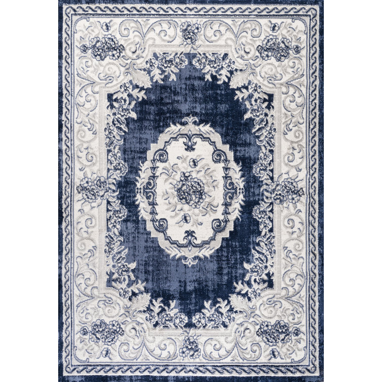 Ivory and Navy Rectangular Synthetic Medallion Rug 36'' x 60''