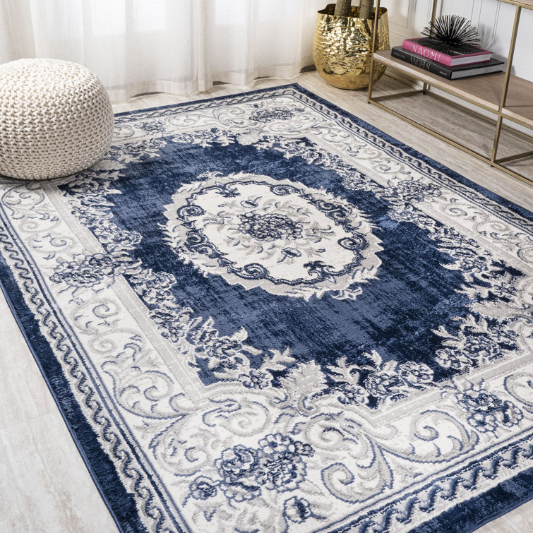 Ivory and Navy Rectangular Synthetic Medallion Rug 36'' x 60''
