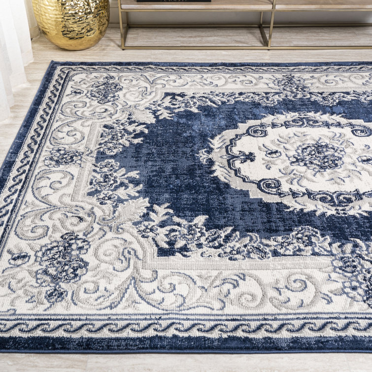 Ivory and Navy Rectangular Synthetic Medallion Rug 36'' x 60''