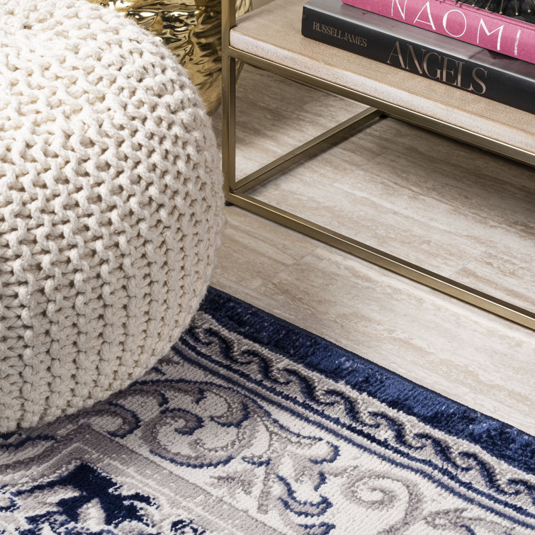 Ivory and Navy Rectangular Synthetic Medallion Rug 36'' x 60''
