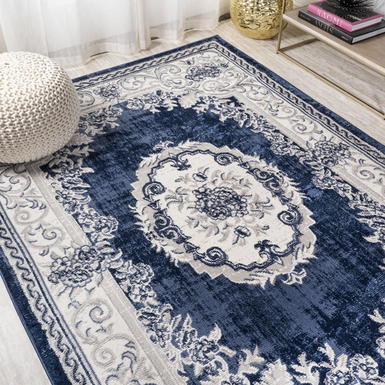 Ivory and Navy Rectangular Synthetic Medallion Rug 36'' x 60''