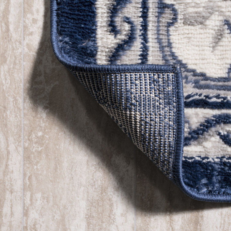 Ivory and Navy Rectangular Synthetic Medallion Rug 36'' x 60''