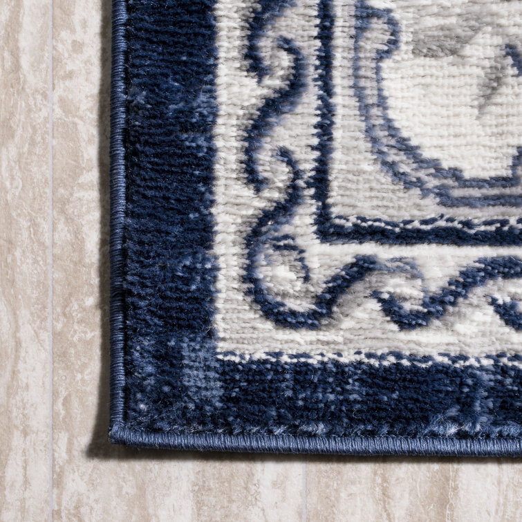 Ivory and Navy Rectangular Synthetic Medallion Rug 36'' x 60''