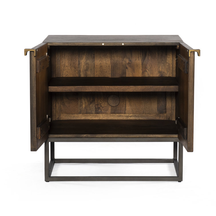 Carved Vintage Brown Mango Wood Nightstand with Slim Iron Base