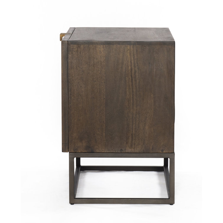 Carved Vintage Brown Mango Wood Nightstand with Slim Iron Base