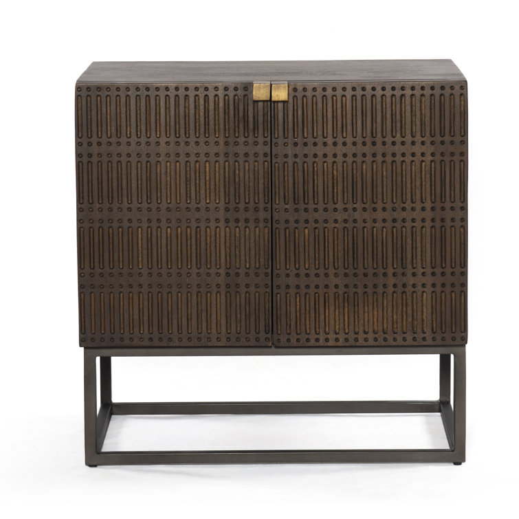 Carved Vintage Brown Mango Wood Nightstand with Slim Iron Base