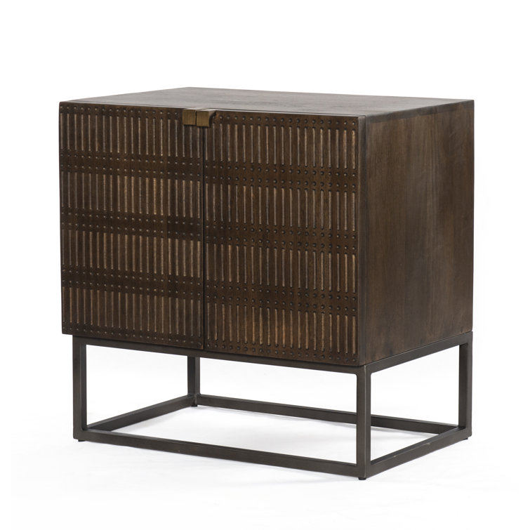 Carved Vintage Brown Mango Wood Nightstand with Slim Iron Base