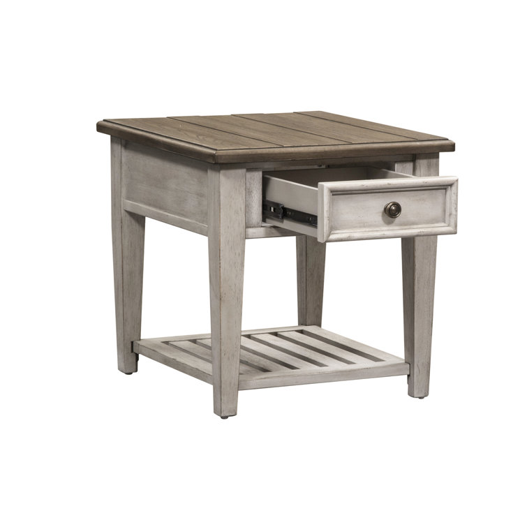 Antique White Wood and Metal Drawer End Table