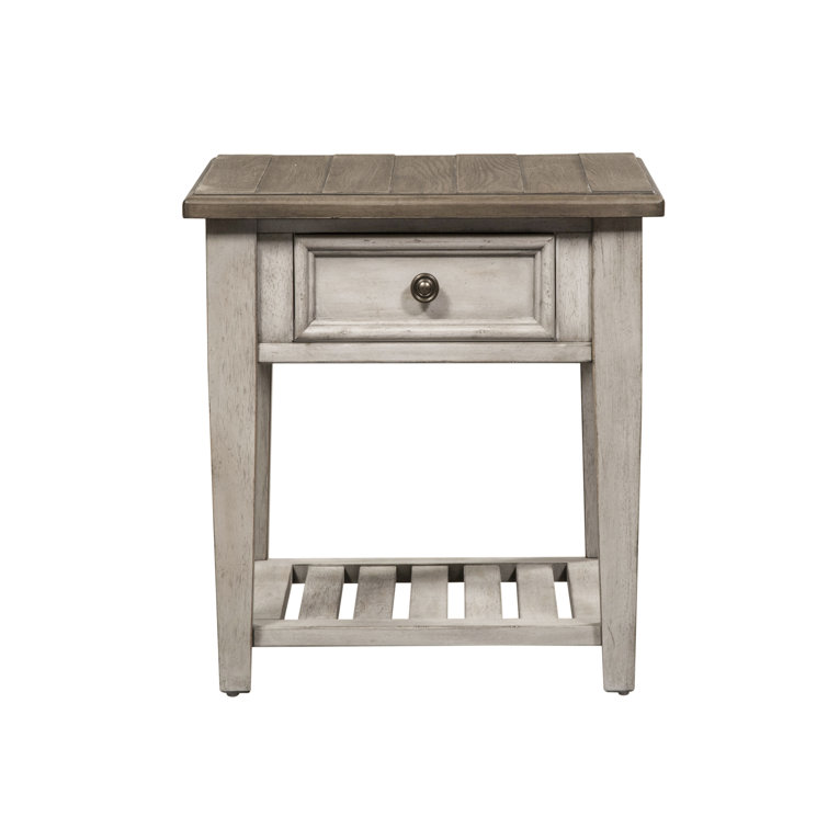 Antique White Wood and Metal Drawer End Table
