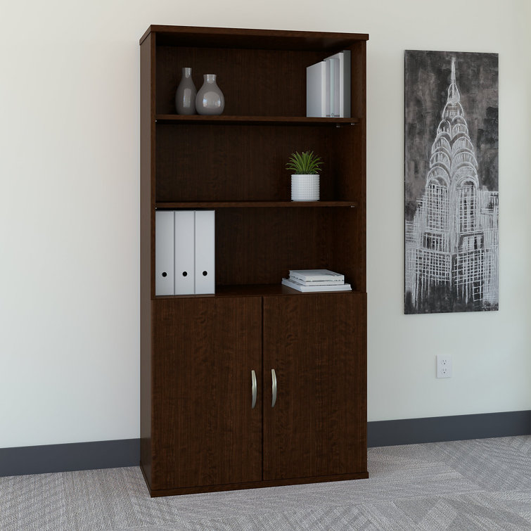 Mocha Cherry 36W 5-Shelf Bookcase with Adjustable Shelves and Doors