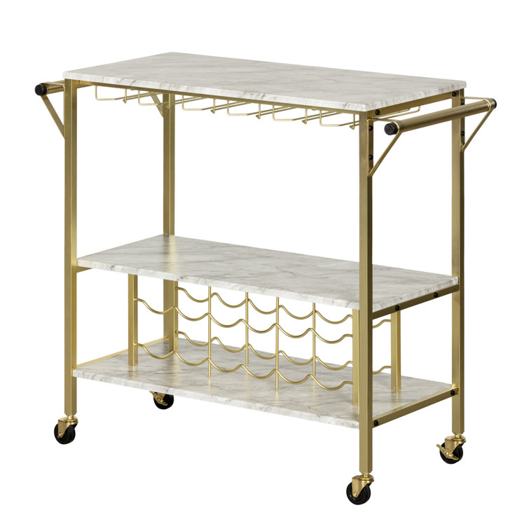 Glam Marble-Top Gold Metal Bar Cart with Wine Glass Storage