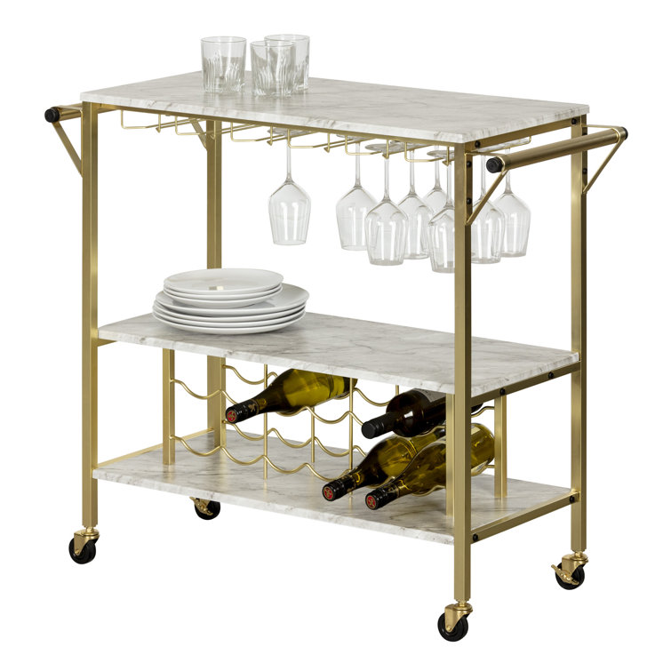 Glam Marble-Top Gold Metal Bar Cart with Wine Glass Storage