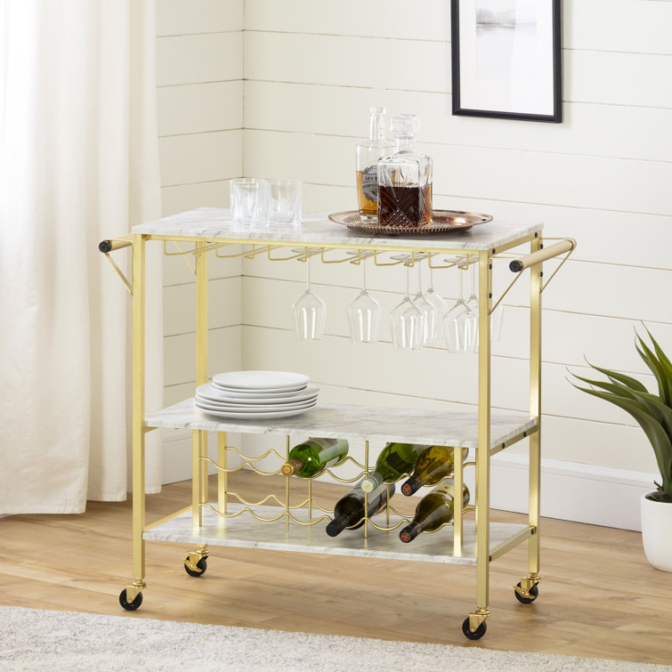 Glam Marble-Top Gold Metal Bar Cart with Wine Glass Storage