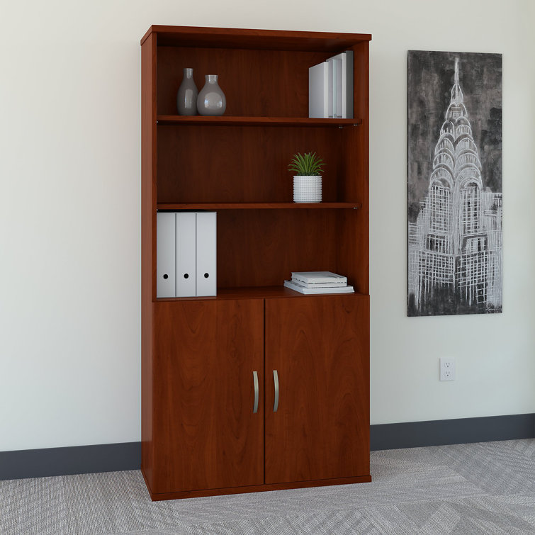 Hansen Cherry and Graphite Gray 36W 5-Shelf Adjustable Bookcase with Doors