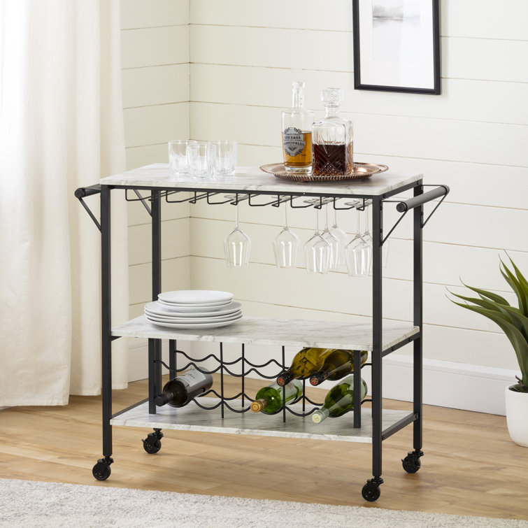 Black Faux Marble Rectangular Bar Cart with Wine Rack
