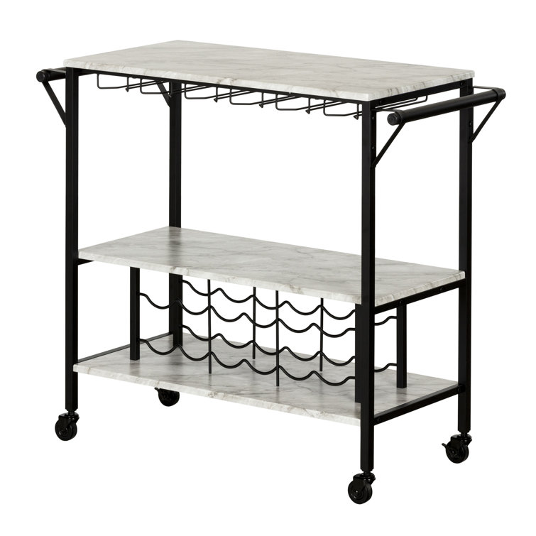 Black Faux Marble Rectangular Bar Cart with Wine Rack