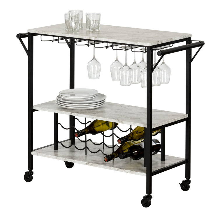 Black Faux Marble Rectangular Bar Cart with Wine Rack