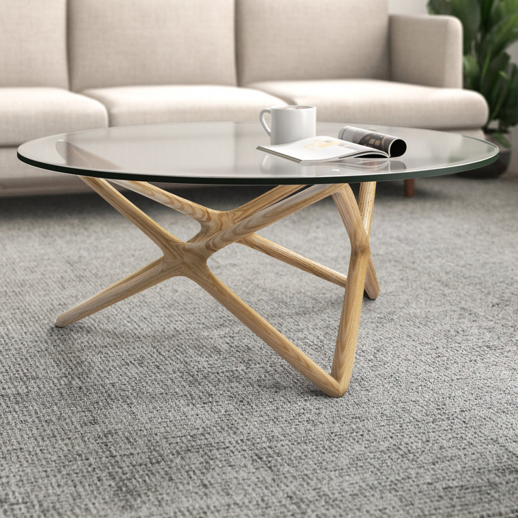 Natural Wood X-Leg Round Glass Coffee Table