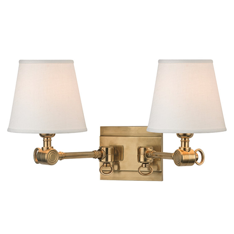 Aged Brass Dual Arm Sconce with White Linen Shades