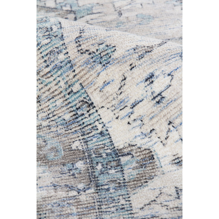 Handmade Blue and Beige Wool Viscose Rectangular Area Rug