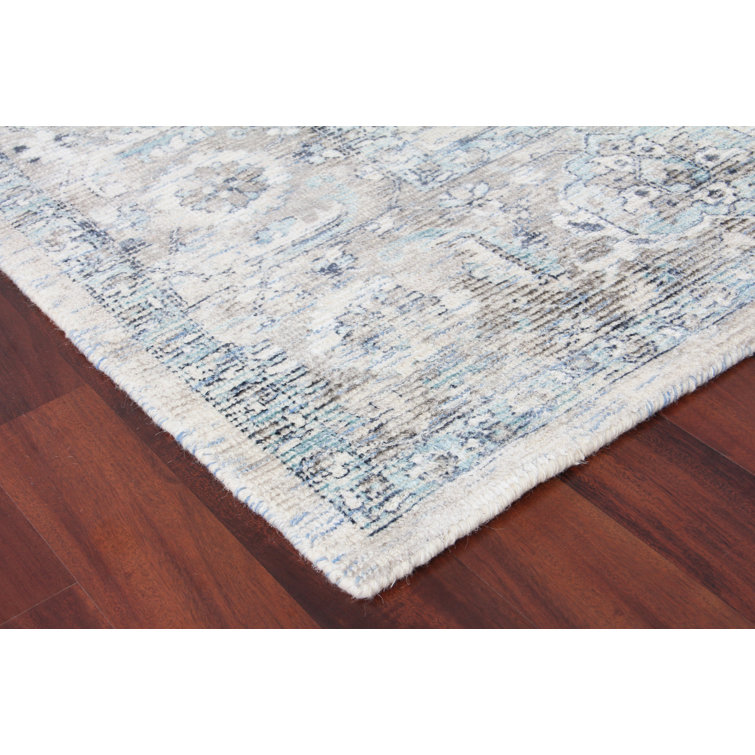 Handmade Blue and Beige Wool Viscose Rectangular Area Rug
