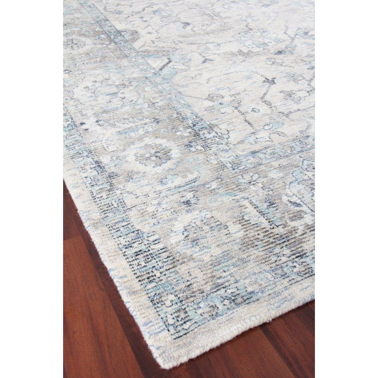 Handmade Blue and Beige Wool Viscose Rectangular Area Rug