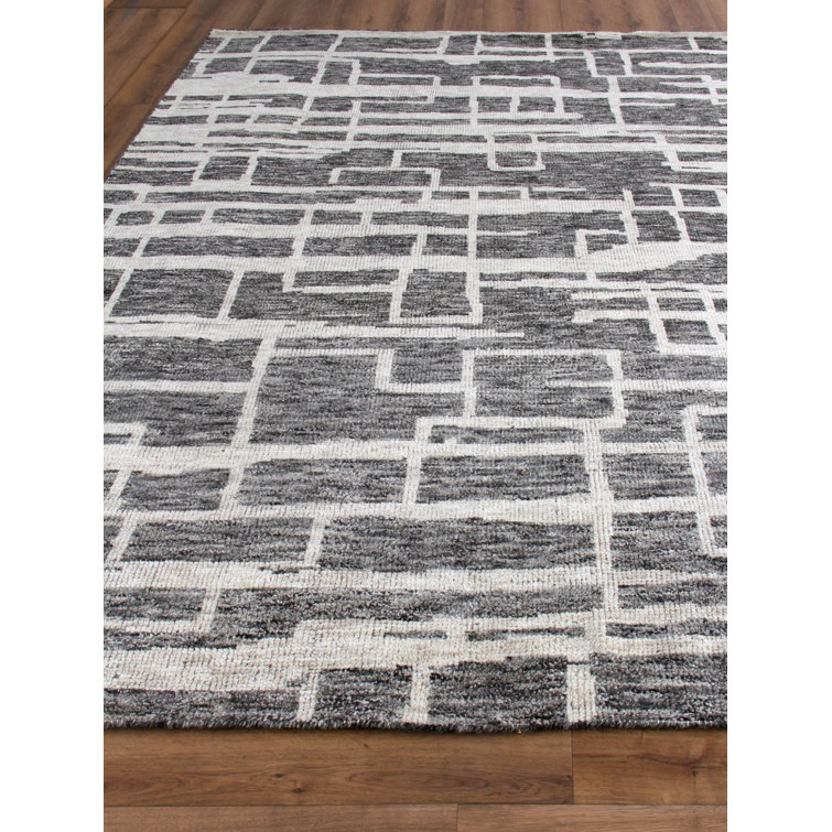 Ivory and Charcoal Geometric Hand-Knotted Wool Rug, 9' x 12'