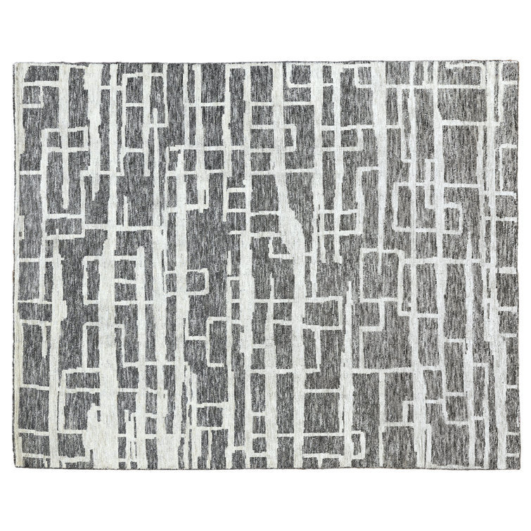 Ivory and Charcoal Geometric Hand-Knotted Wool Rug, 9' x 12'