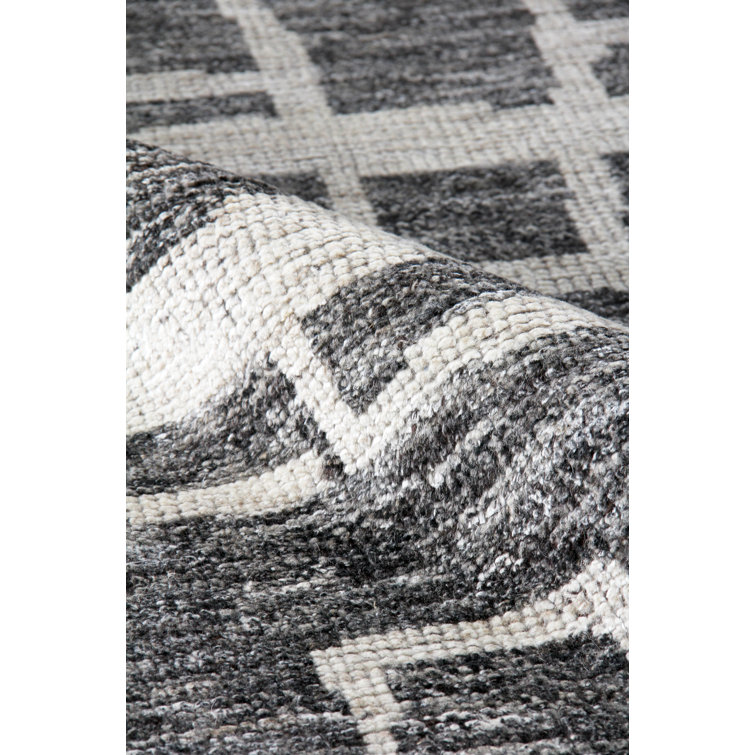 Ivory and Charcoal Geometric Hand-Knotted Wool Rug, 9' x 12'