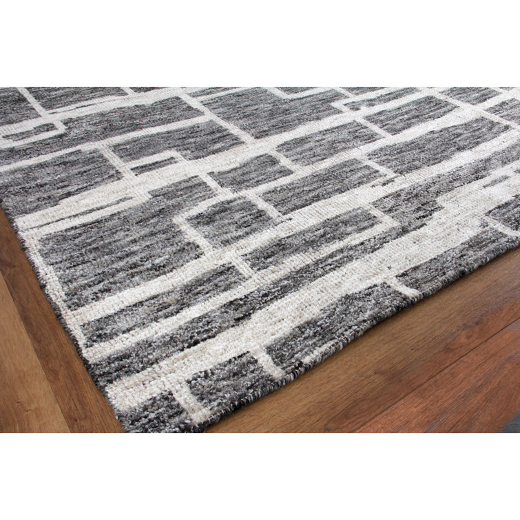 Ivory and Charcoal Geometric Hand-Knotted Wool Rug, 9' x 12'
