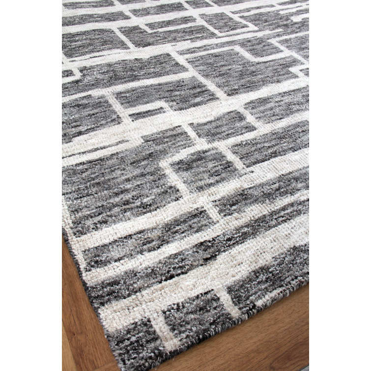 Ivory and Charcoal Geometric Hand-Knotted Wool Rug, 9' x 12'