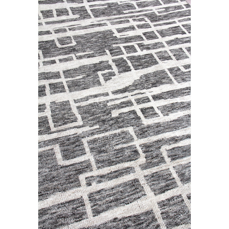 Ivory and Charcoal Geometric Hand-Knotted Wool Rug, 9' x 12'
