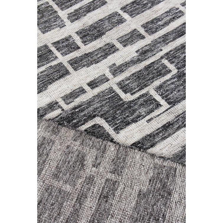 Ivory and Charcoal Geometric Hand-Knotted Wool Rug, 9' x 12'