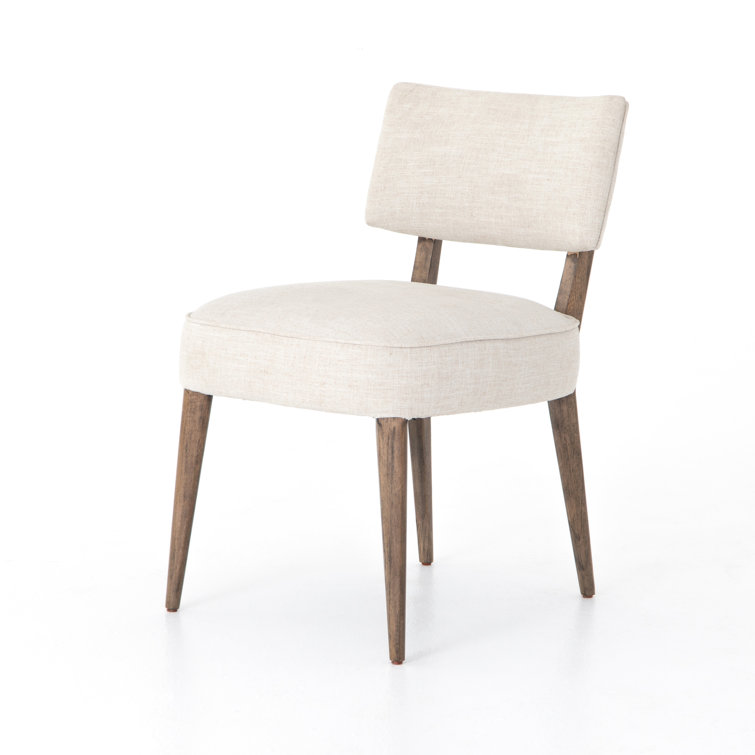 Cambric Ivory Upholstered Linen Side Chair with Wood Legs