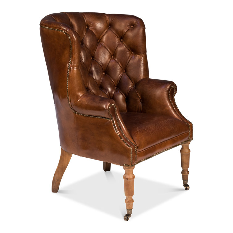 Vintage Cigar Brown Leather Tufted Arm Chair with Wood Legs