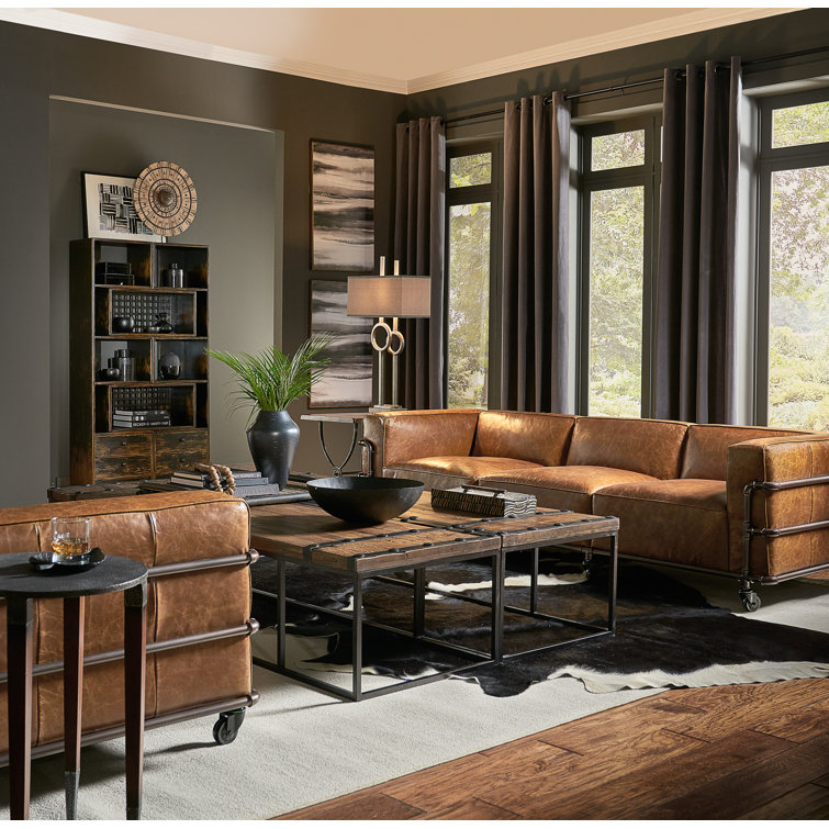 Industrial Brown Leather Sofa with Metal Frame and Casters