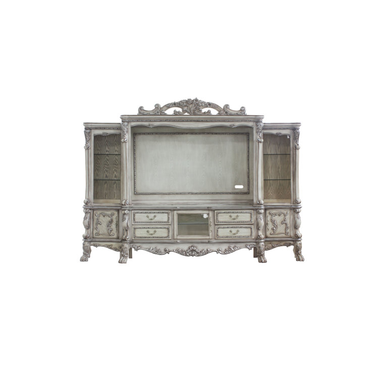 Dresden Vintage Bone White Carved Scrollwork Entertainment Center