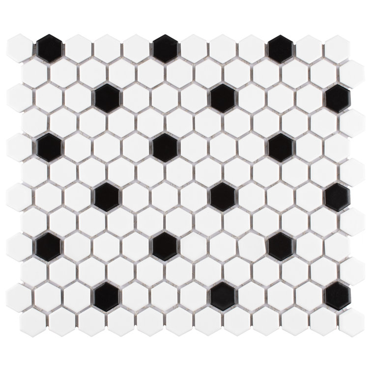 Madison 1" Hex Matte White and Black Porcelain Mosaic Tile