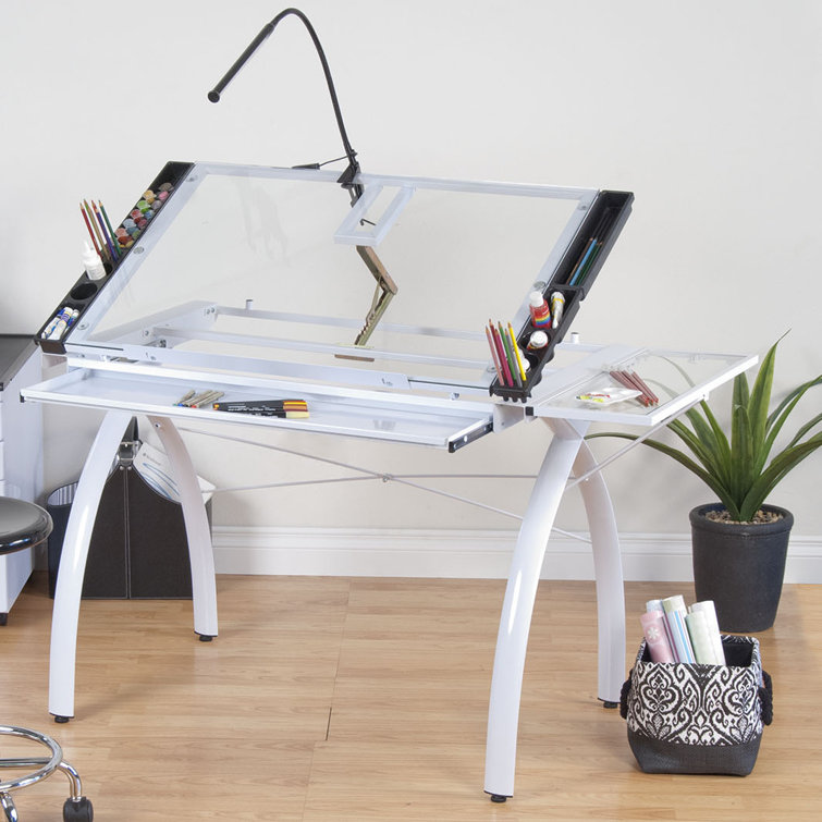 Futura 58'' White Glass Drafting Craft Table with Adjustable Top and Folding Shelf