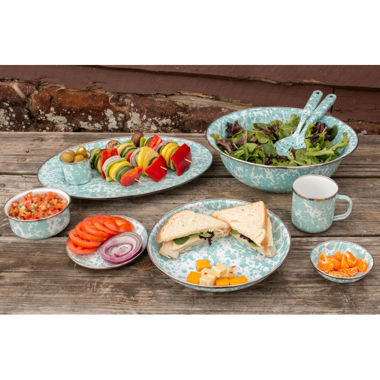 White Circular Enamel Tray with Stainless Steel Accents