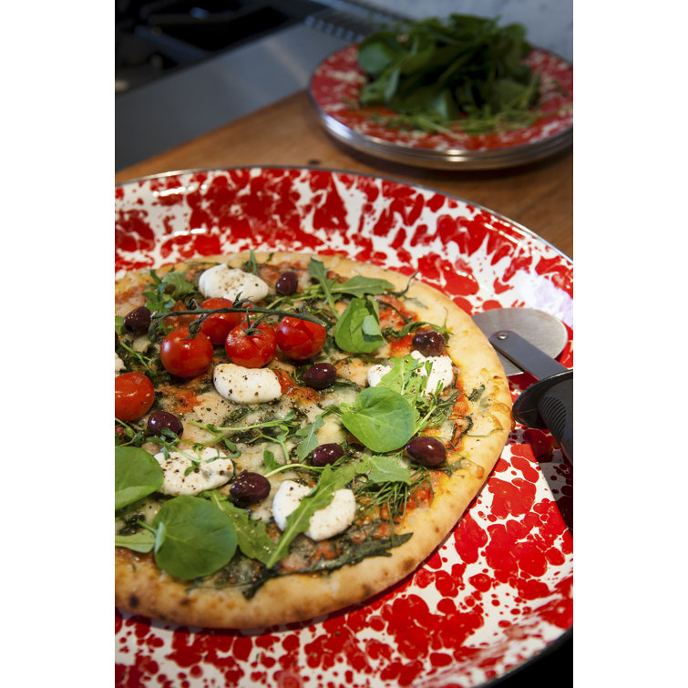 White Circular Enamel Tray with Stainless Steel Accents