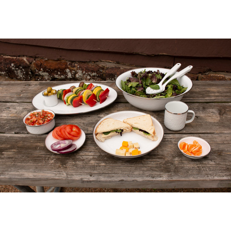 White Circular Enamel Tray with Stainless Steel Accents