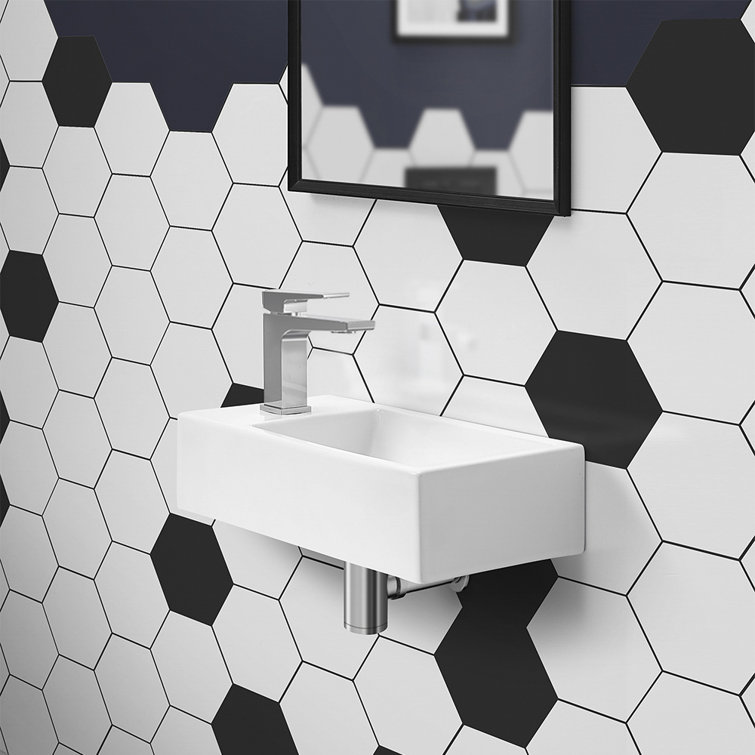 Glossy White Rectangular Ceramic Wall-Mount Sink with Left Faucet