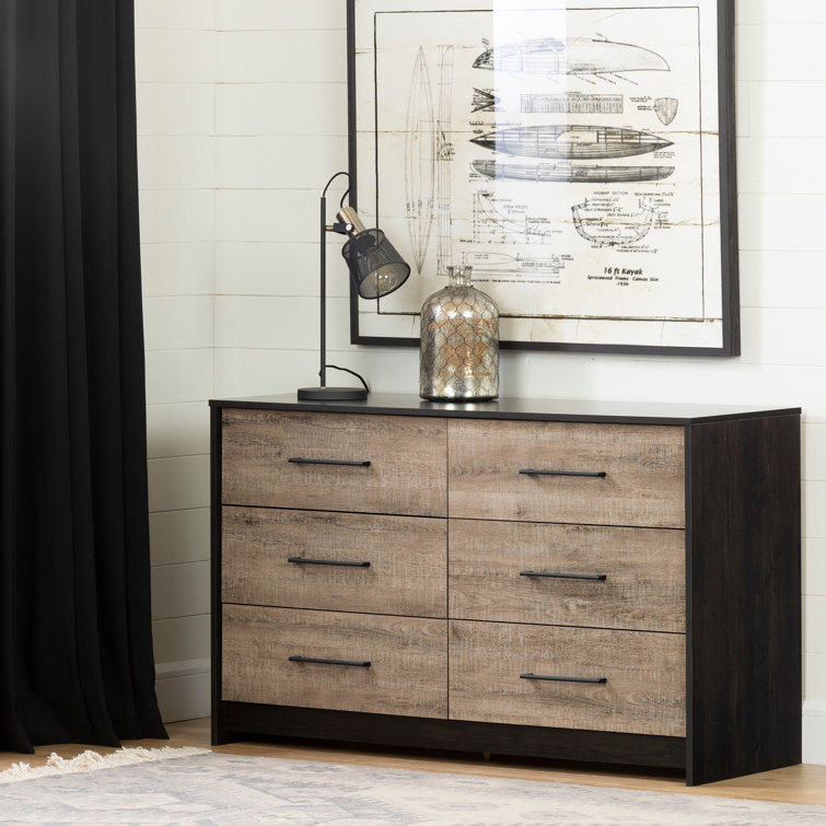 Industrial Double Dresser with Soft Close Drawers in Rubbed Black and Weathered Oak