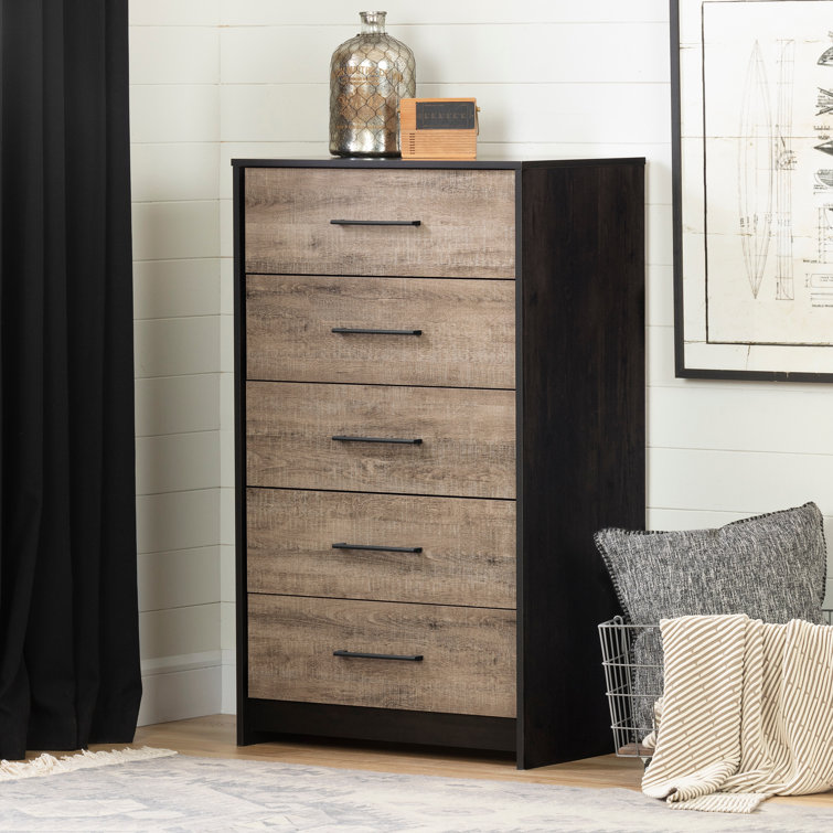 Weathered Oak and Black Industrial 5-Drawer Vertical Chest