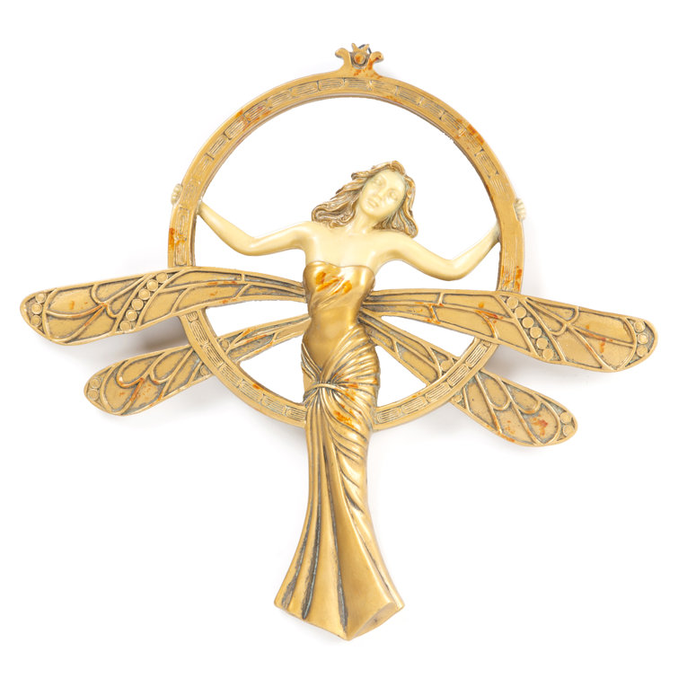 Art Deco Dragonfly Maiden 13" Gold and Ivory Round Wall Mirror