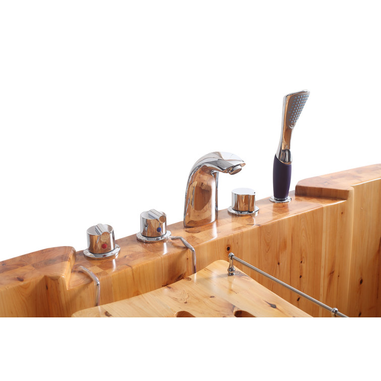 65'' Natural Cedar Wood Freestanding Soaking Bathtub with Fixtures